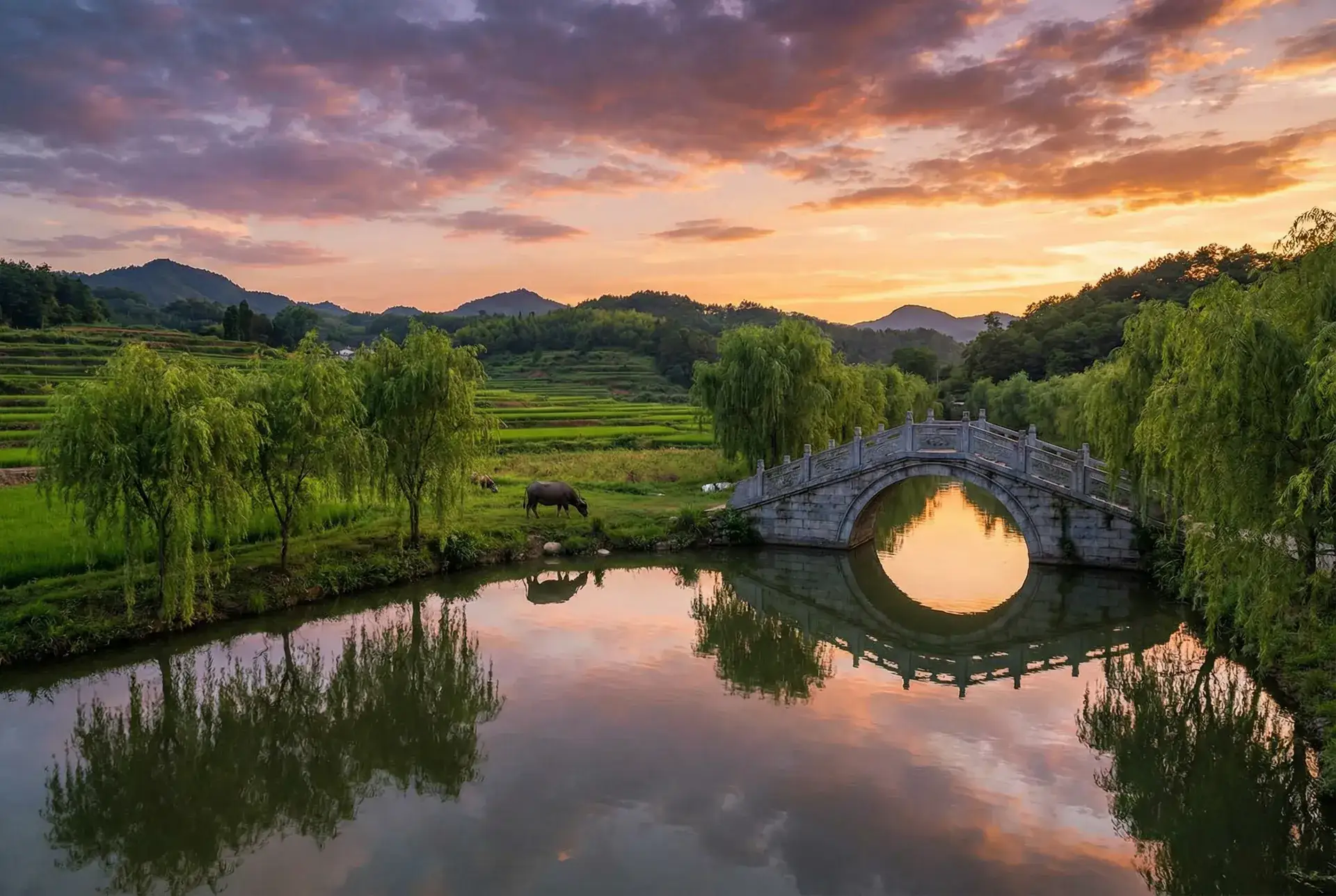 夕阳下的石拱桥与垂柳，水牛在河边吃草 - 三哥代理 乡村美景