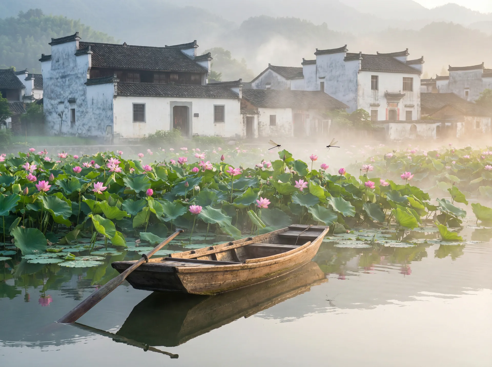 清晨荷塘小舟，粉色荷花盛开，白墙黑瓦的村庄 - 三哥代理 水乡风情